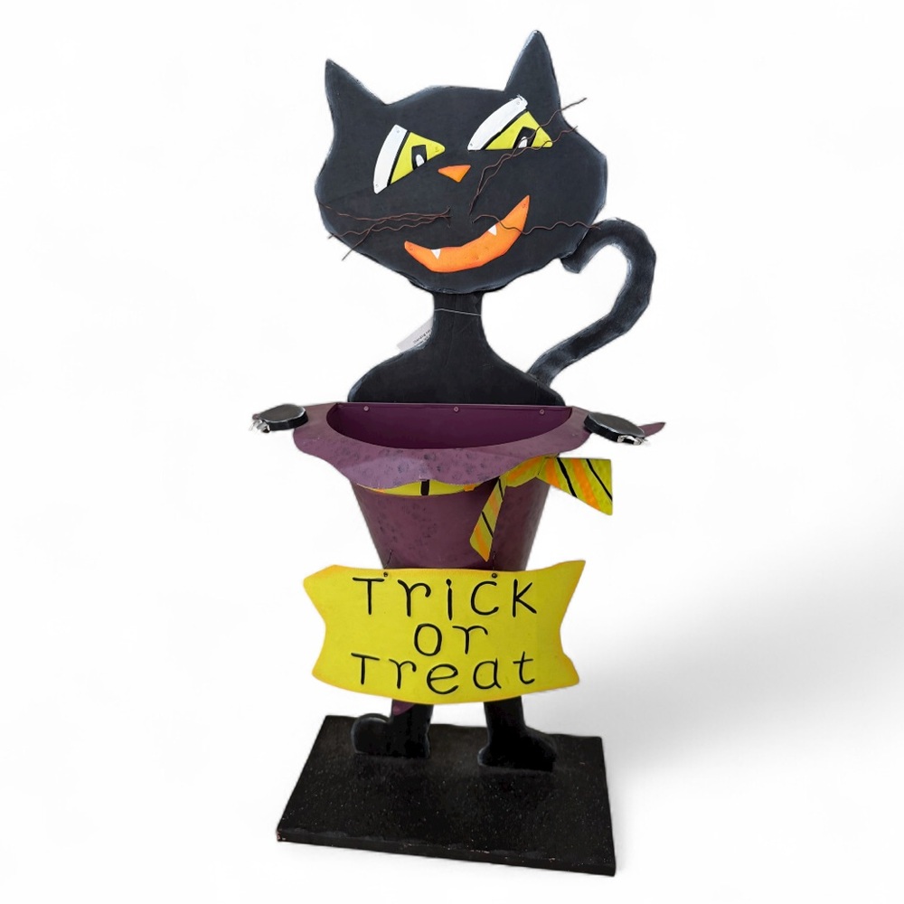 HALLOWEEN Wood Standing Cat Candy Holder Trick Or Treat Display Decorative